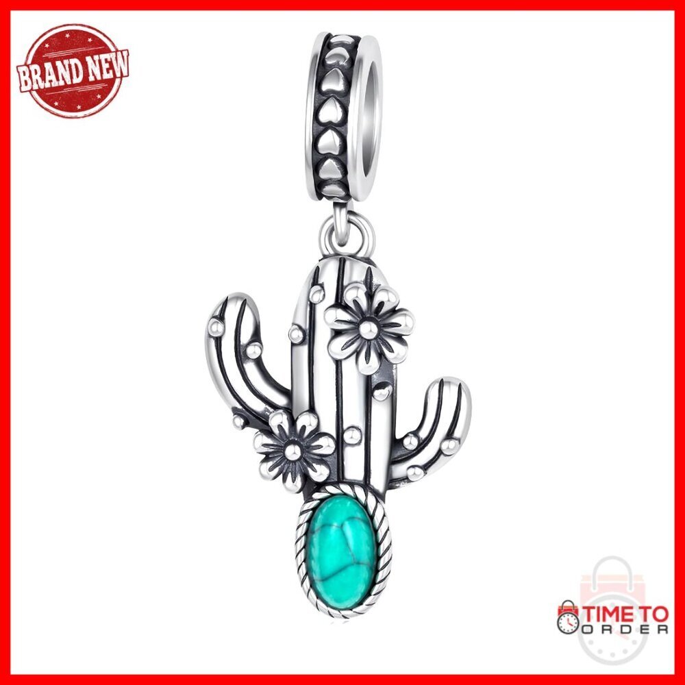 925 Sterling Silver Cactus Charm with Turquoise Bead for Bracelets